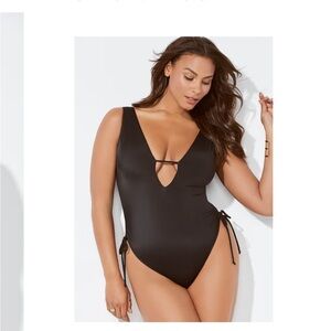 Swimsuits For All Women's Black One Piece with Plunging Neckline Size 6
